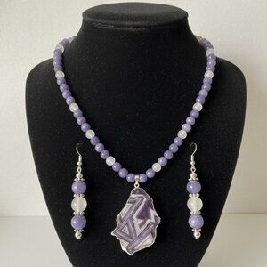 Amethyst Pendant Aquamarine and Agate Beads Necklace and Pierced Earring…